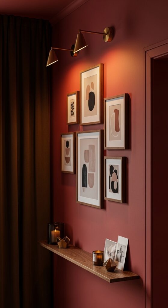 Moody Red Gallery Wall With Walnut Frames