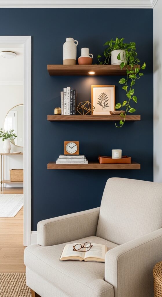 Navy Blue Accent Wall Behind Open Wood Shelving