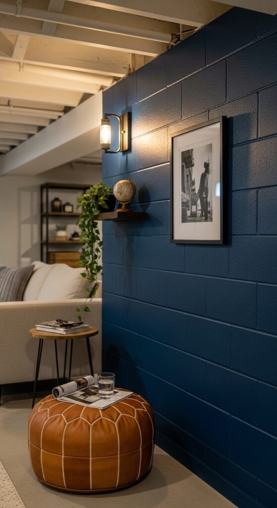 Navy Blue Accent Wall Paint on a Single Basement Concrete Wall