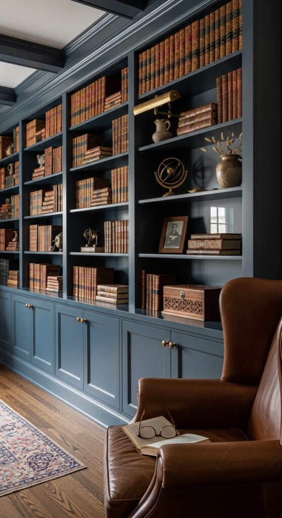 Navy Blue Built-In Bookshelves with Brown Leather Bindings