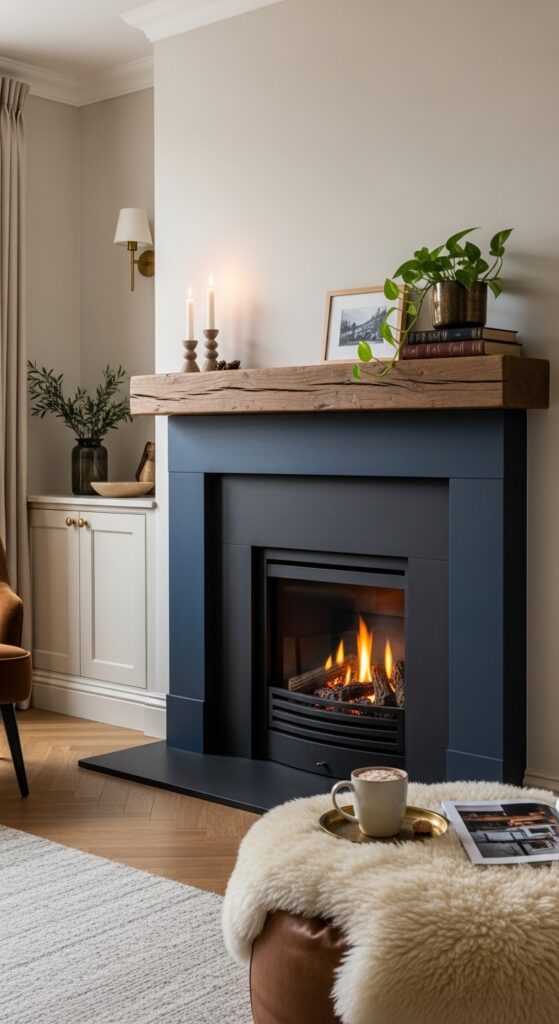 Navy Blue Fireplace Surround with Brown Mantel