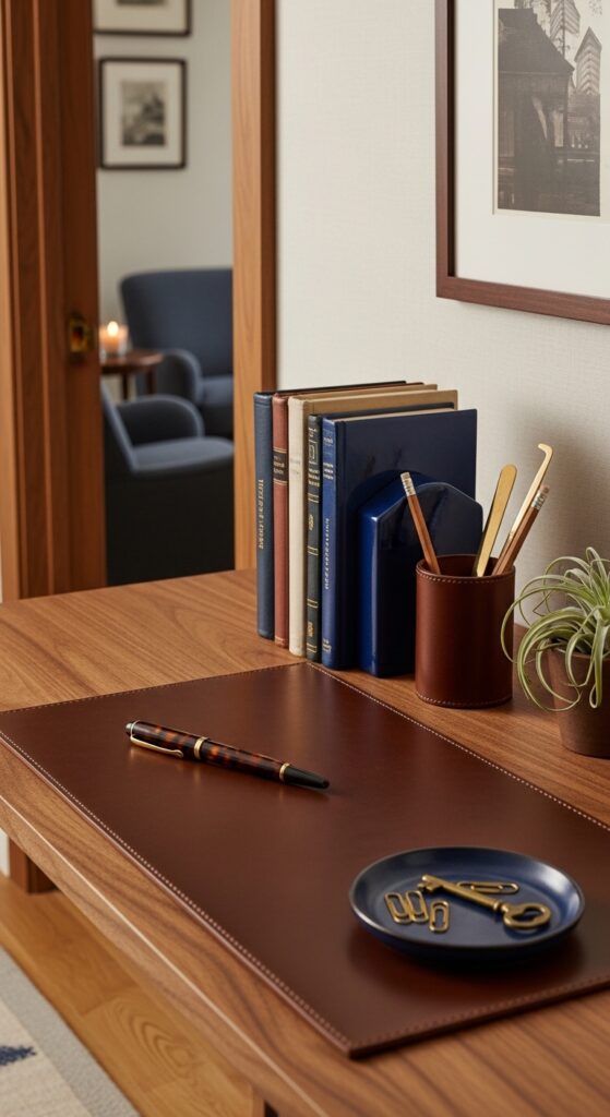 Navy Bookends and Brown Leather Desk Accessories