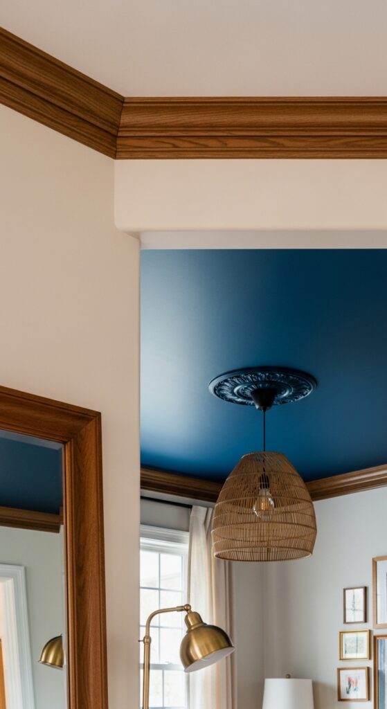 Navy Ceiling with Brown Crown Molding