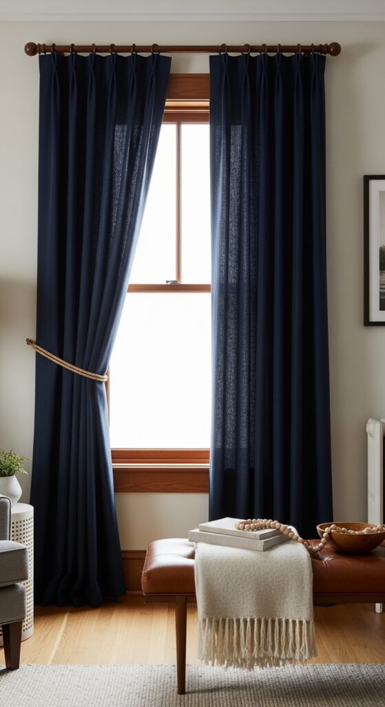 Navy Curtains Framing Brown Window Trim