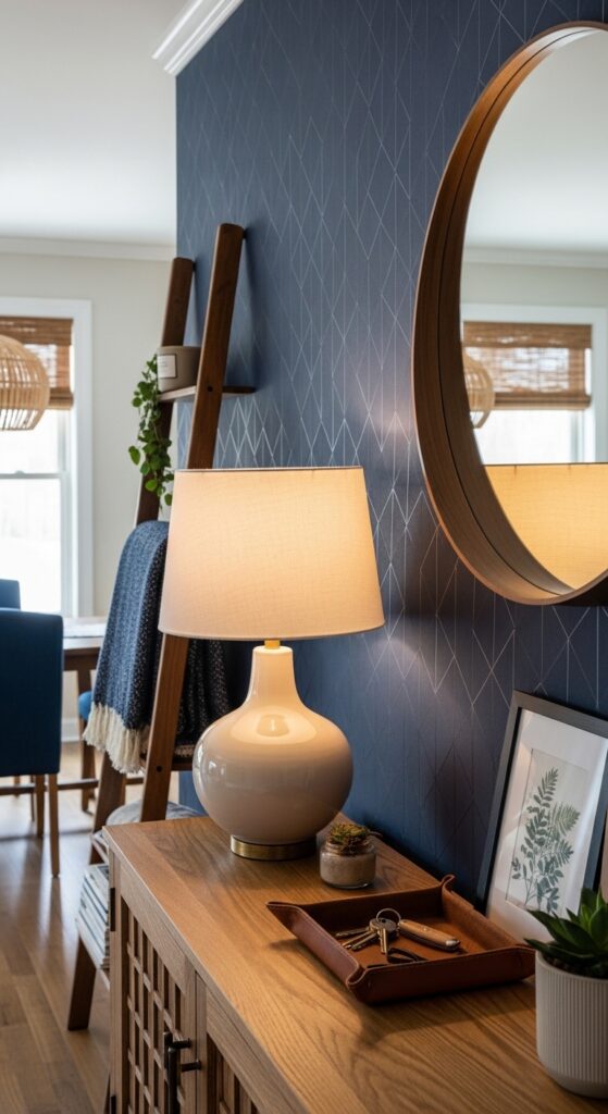 Navy Patterned Wallpaper with Brown Furniture Accents