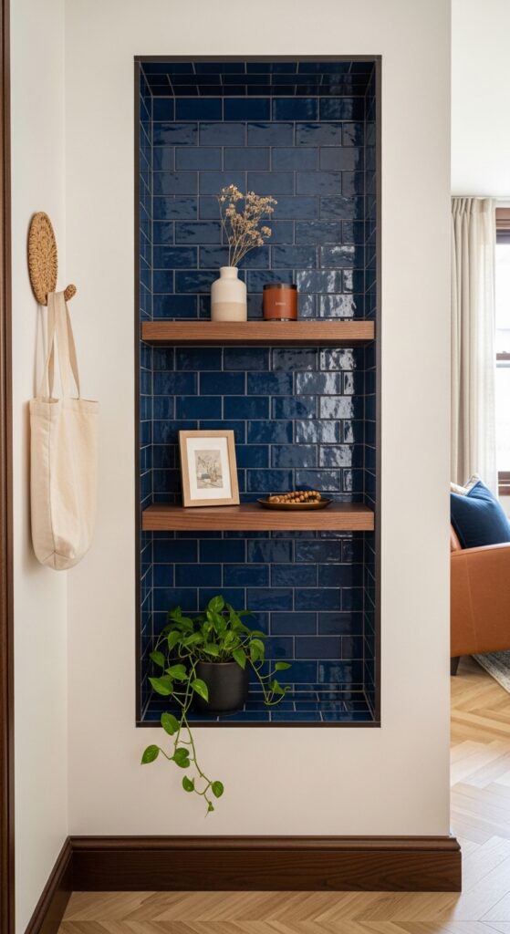 Navy Tiled Accent Niche with Brown Floating Shelves