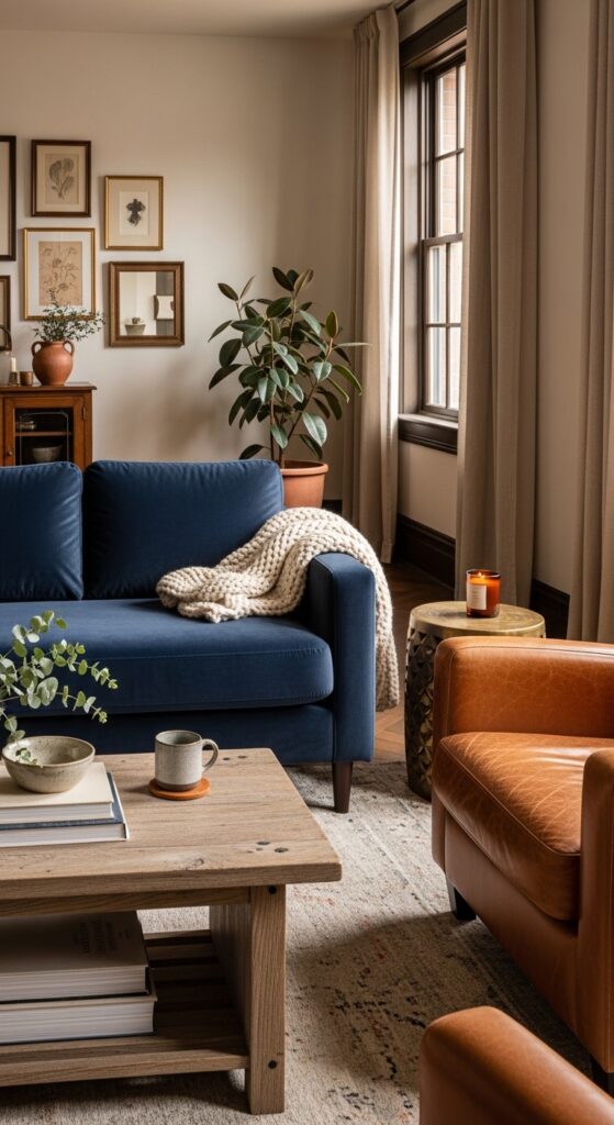 Navy Velvet Sofa with Cognac Leather Armchairs