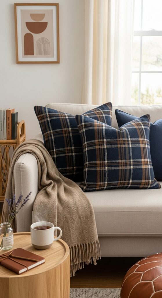 Navy and Brown Plaid Throw Pillows