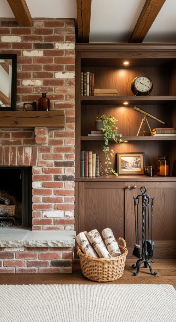 Red Brick Fireplace With Brown Built-In Shelving