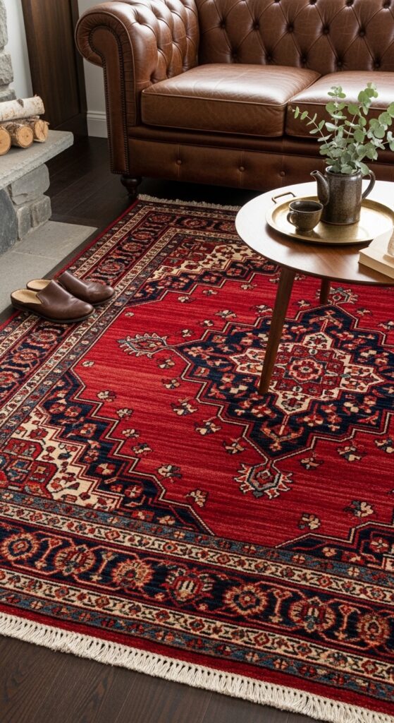 Red Persian Rug on Dark Hardwood Floors