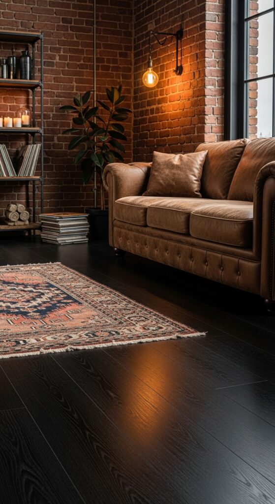 Rich Black Floors With Exposed Natural Brick and Leather Seating
