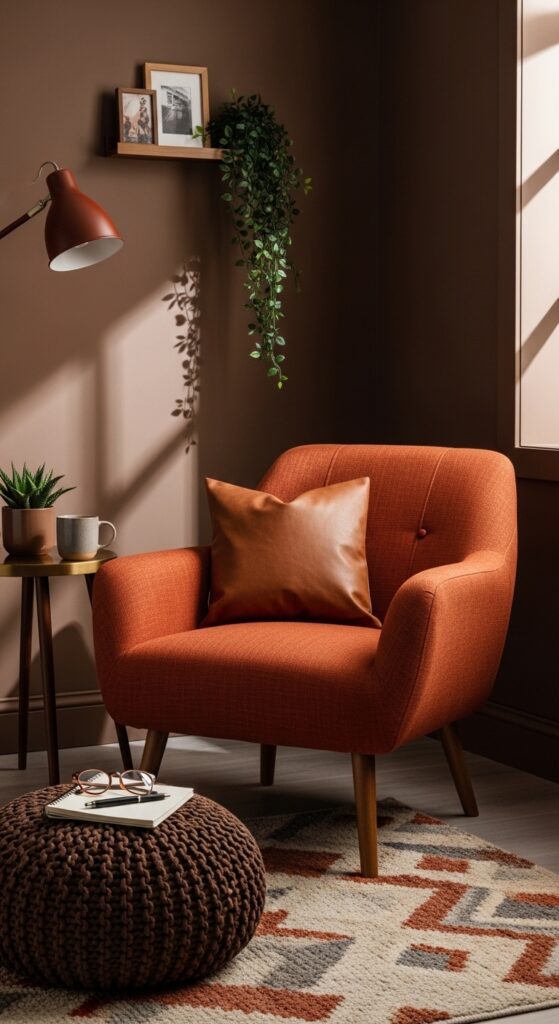 Rust-Colored Accent Chair in a Chocolate Lounge