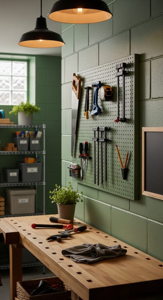 Sage Green Basement Wall Paint for a Calm Workshop Space