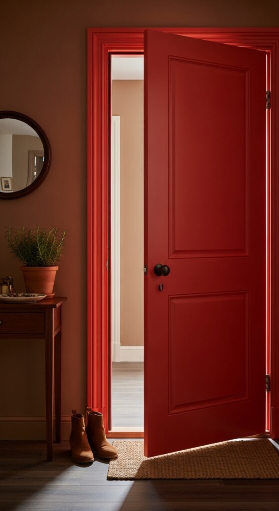 Scarlet Door or Entryway in a Brown-Toned Room