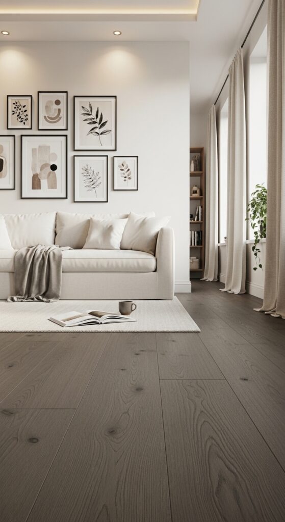 Smoked Oak Floors With a Curated Neutral Gallery Wall