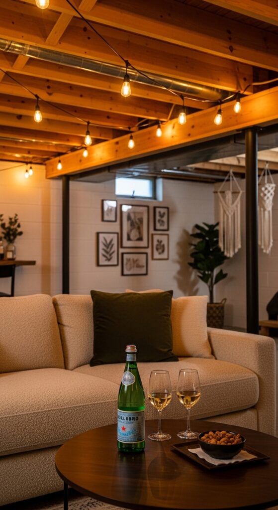 String Lights and Exposed Beam Ceiling
