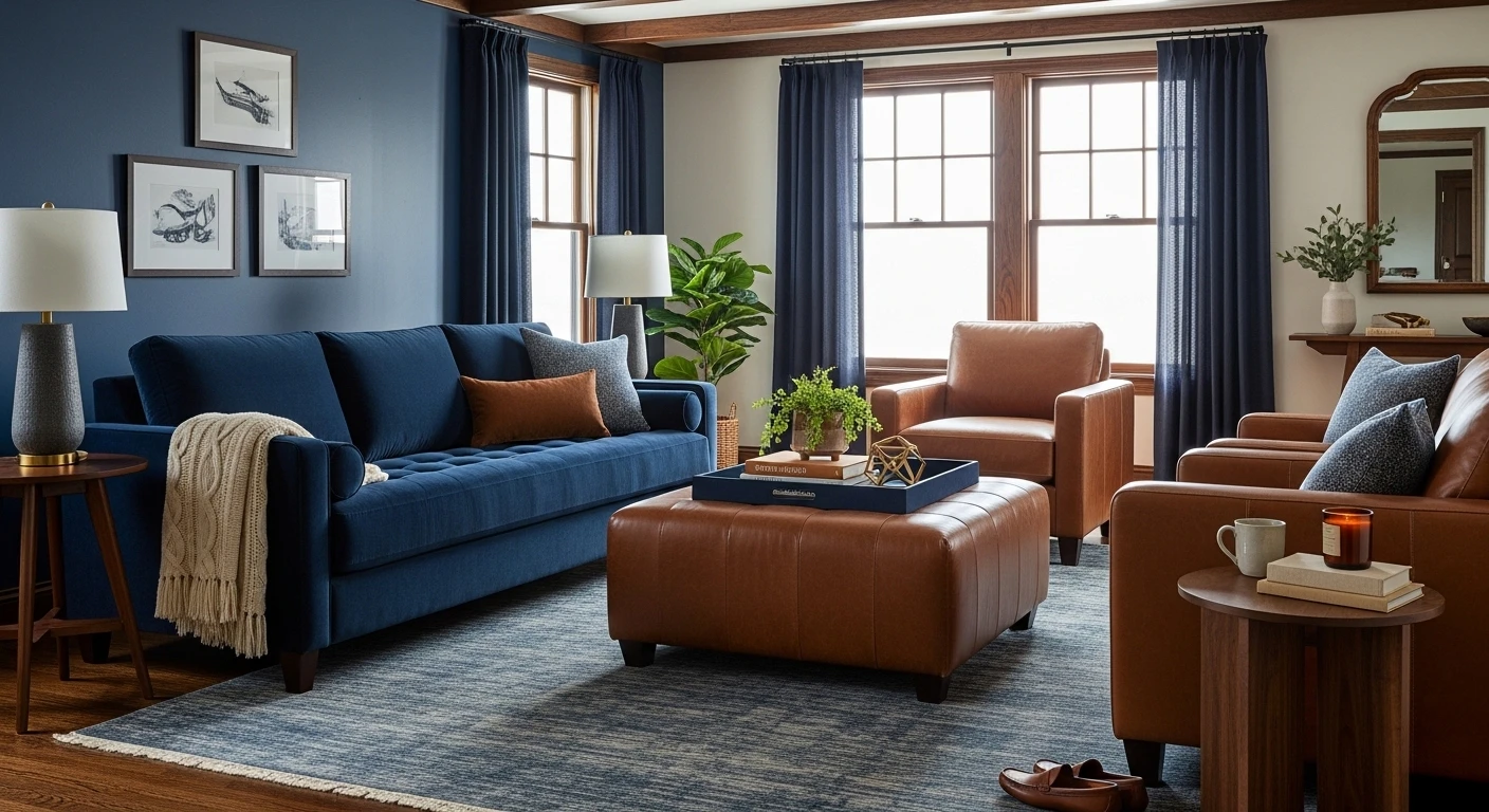 Stylish Navy Blue & Brown Living Room Ideas