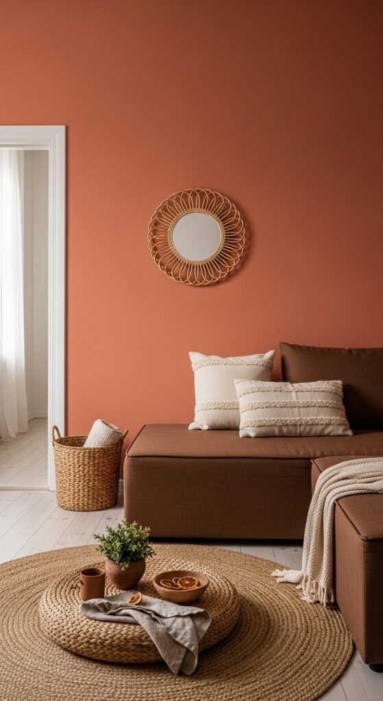 Terracotta Accent Wall Behind a Brown Sectional