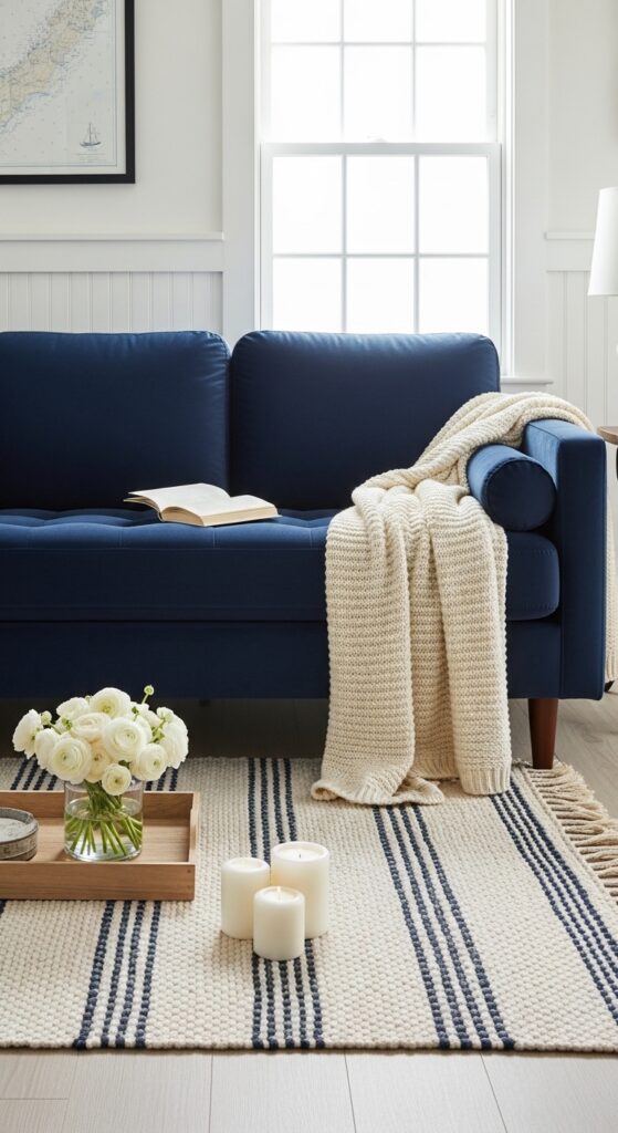 Use Navy Blue as the Layout-Defining Color Anchor for Seating