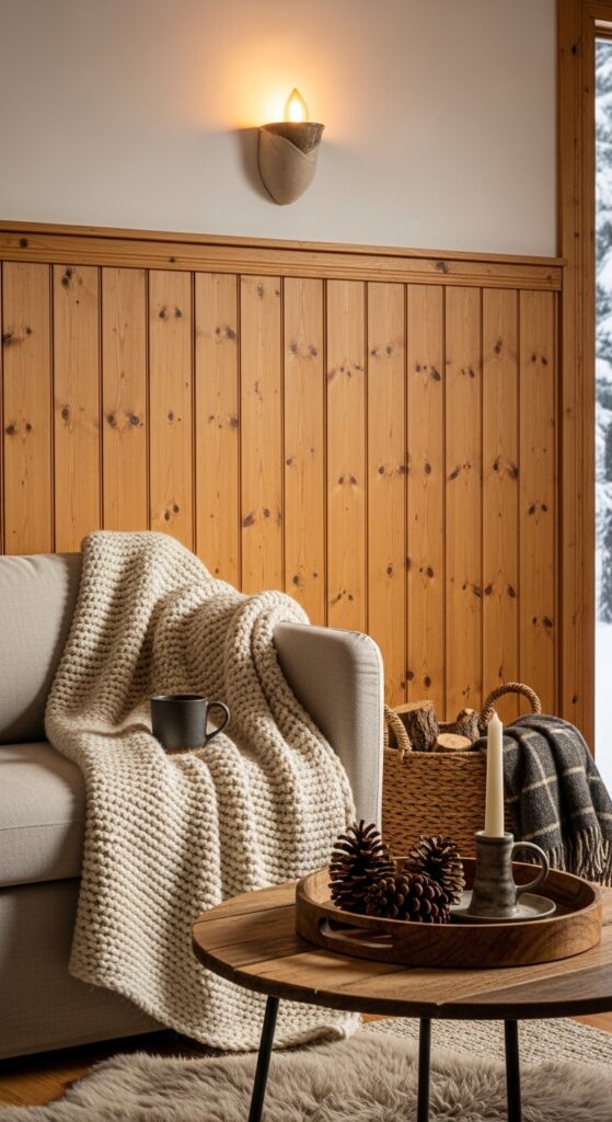 Vertical Tongue-and-Groove Pine Panels Stained in Honey Oak