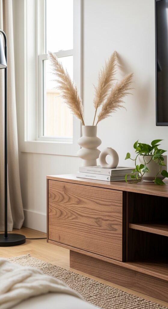 Walnut Wood Media Console Against a White Wall