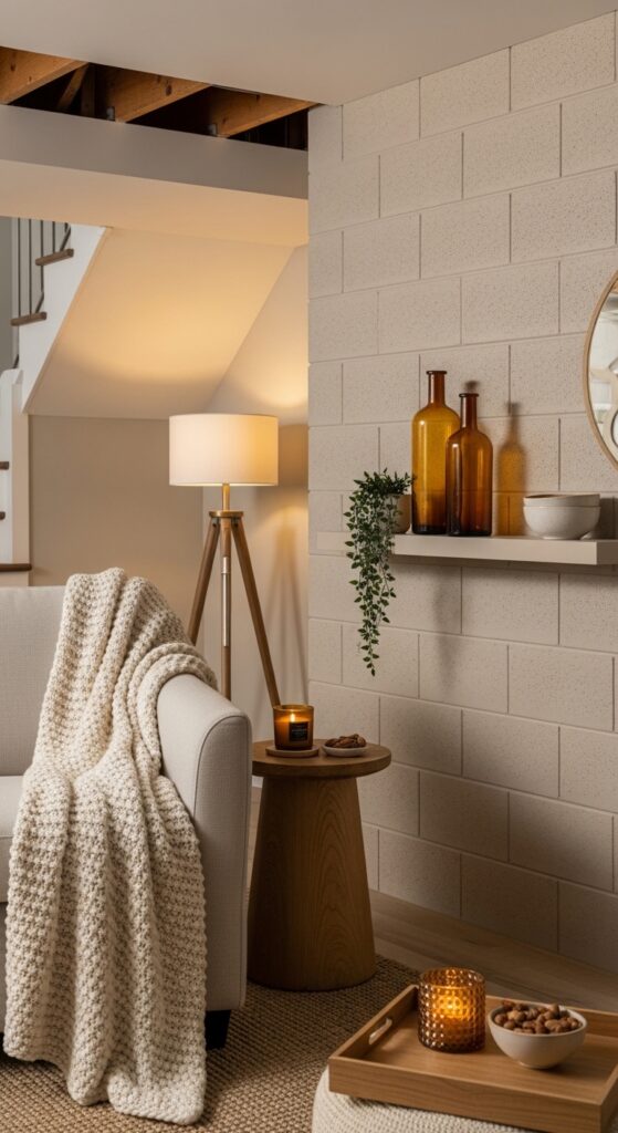 Warm Greige Masonry Paint for a Cozy Unfinished Basement Hangout