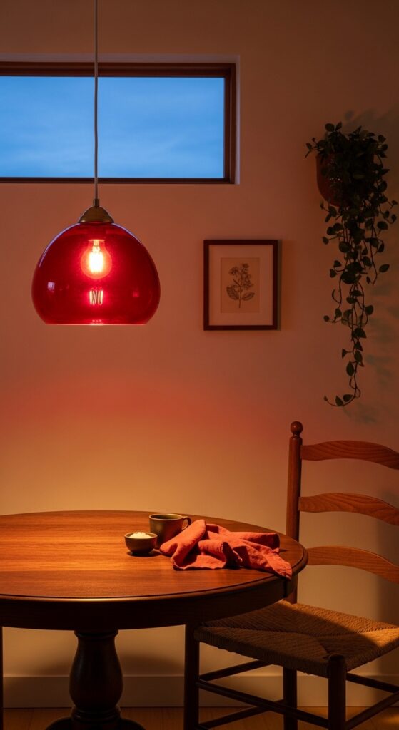 Warm Red Pendant Lighting Over a Brown Dining Nook