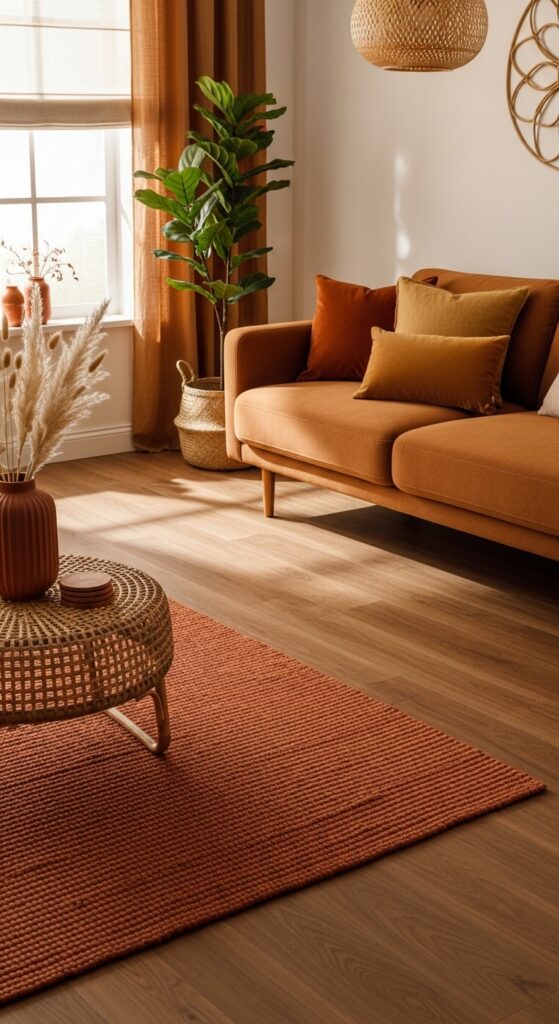 Warm Walnut Floors With Rust and Terracotta Accent Pieces