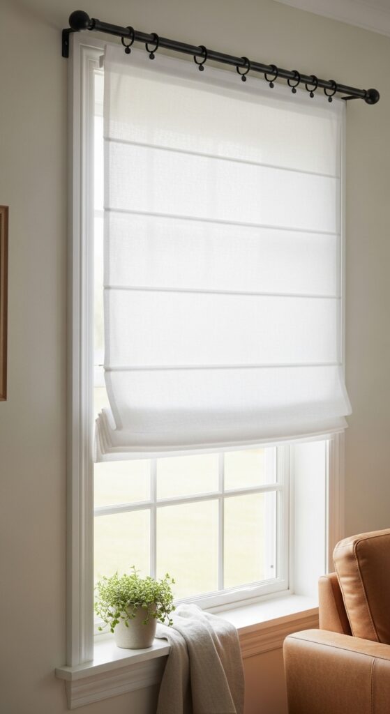 White Roman Shades with Black Rod and Curtain Rings