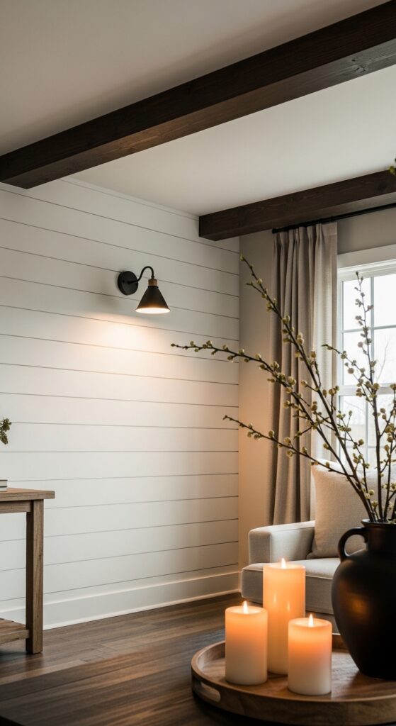 White Shiplap Feature Wall with Dark Brown Wood Beam Ceiling