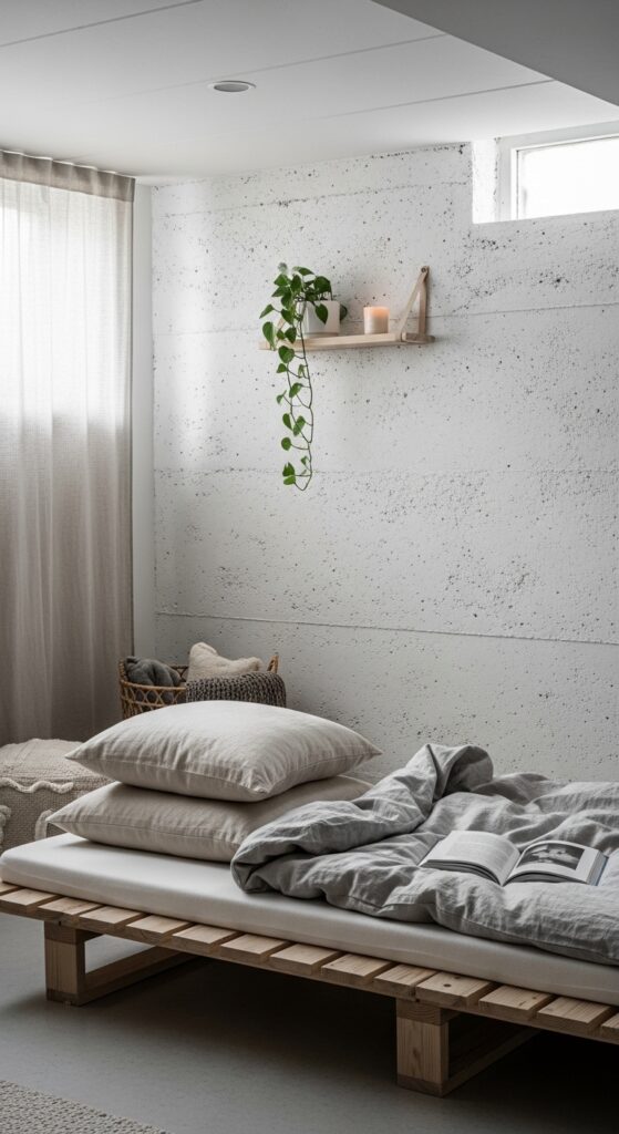 Whitewashed Exposed Concrete Finish for a Scandinavian Basement