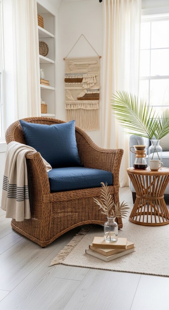 Woven Brown Rattan Furniture with Navy Linen Cushions