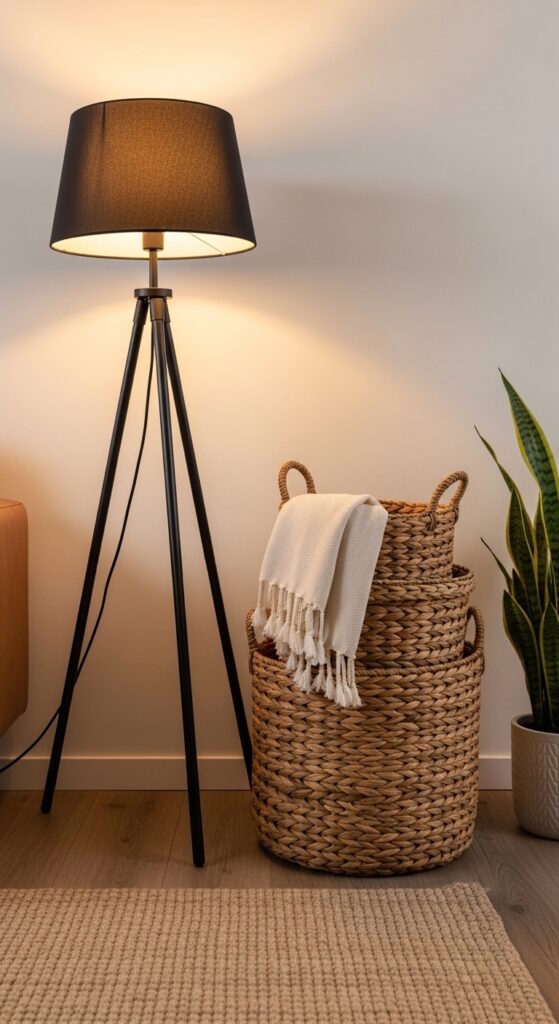 Woven Seagrass Basket Storage Beside a Black Floor Lamp