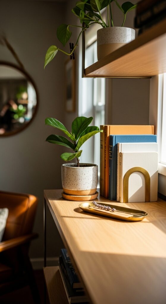 Asymmetrical Book Stacks With Greenery Accents