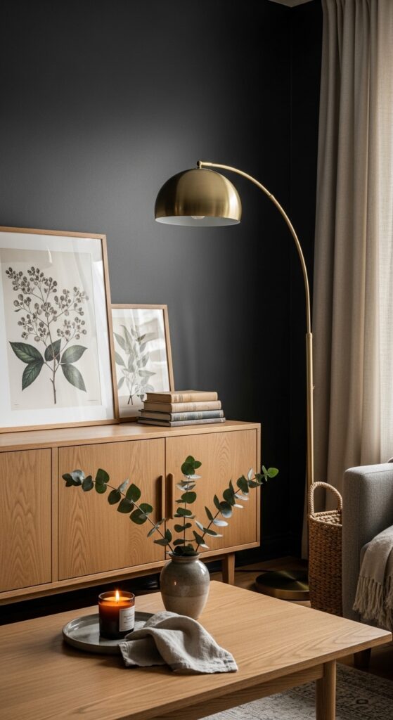 Charcoal Walls with Warm Oak Furniture