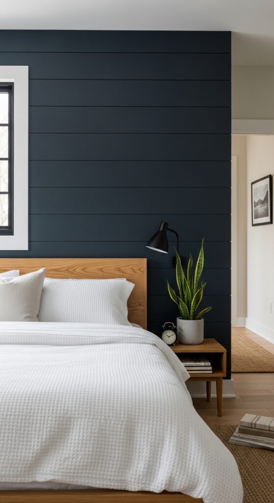 Deep Charcoal Shiplap Accent Wall Behind the Bed