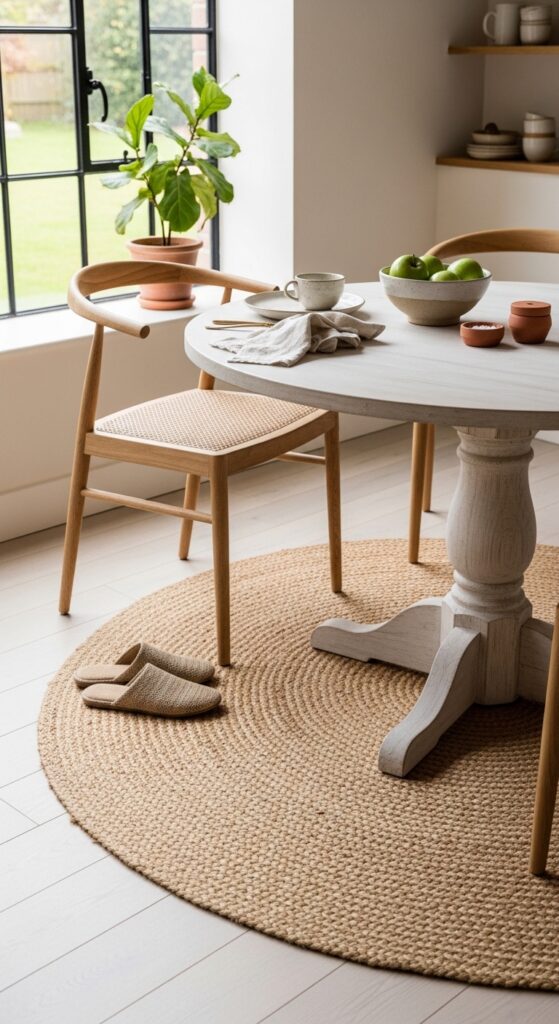 Earthy Jute Round Rug Under a Pedestal Table