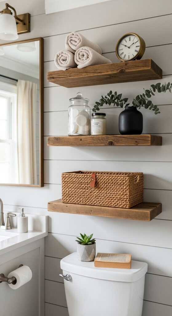 Floating Wooden Shelves Above the Toilet