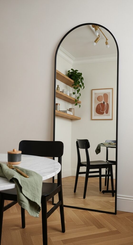 Floor-to-Ceiling Arched Mirror Behind the Dining Table