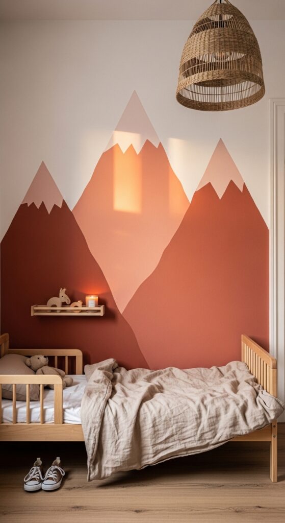 Hand-Painted Mountain Mural with Sunset Gradient Tones