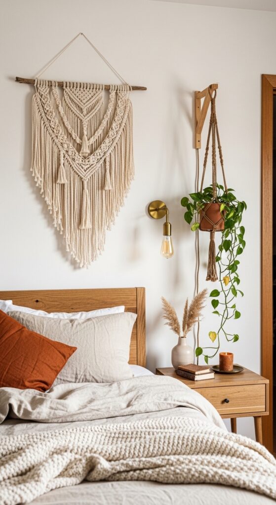 Macramé Wall Hangings Above the Bed for Instant Texture