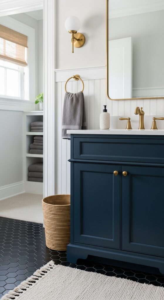 Navy Blue Vanity with Brass Hardware