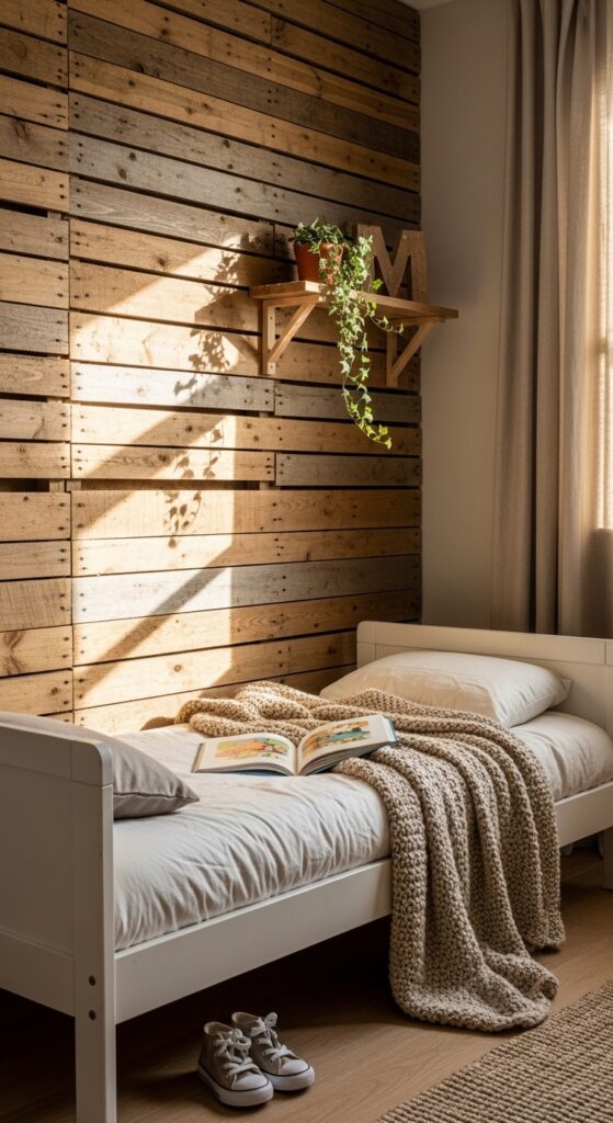 Rustic Pallet Accent Wall Behind the Bed