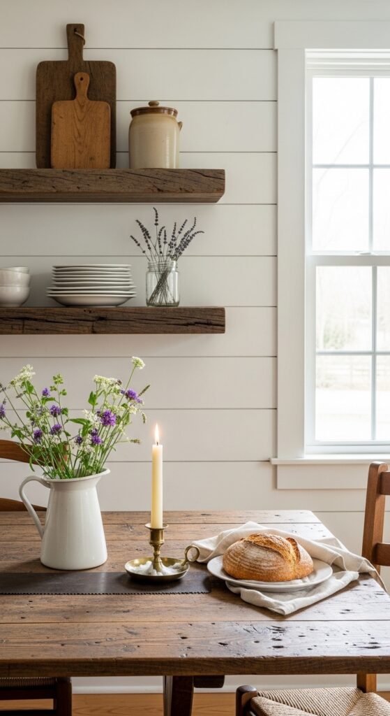 Rustic Reclaimed Wood Shelves Above a Farmhouse Table