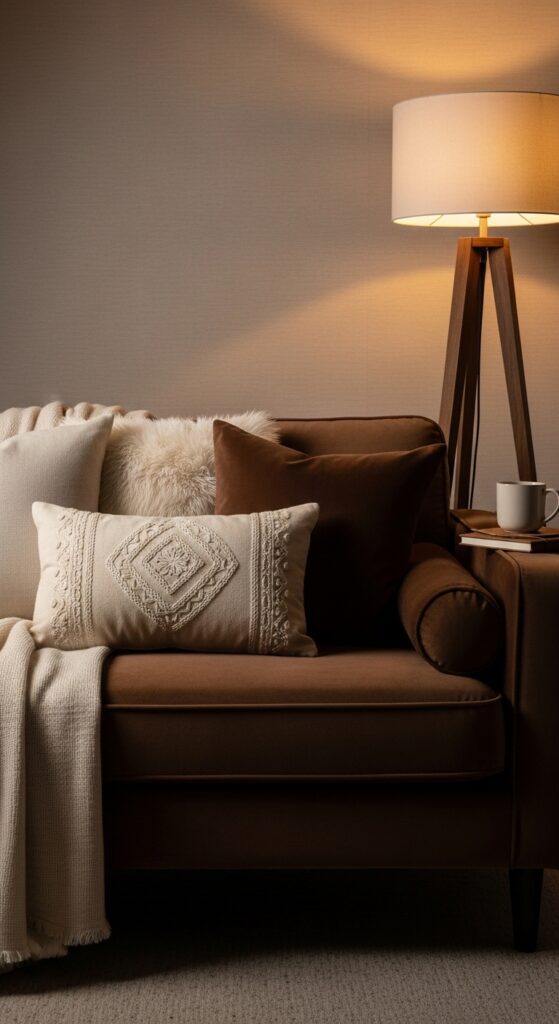Soft Cream Throw Pillows on a Chocolate Velvet Sofa