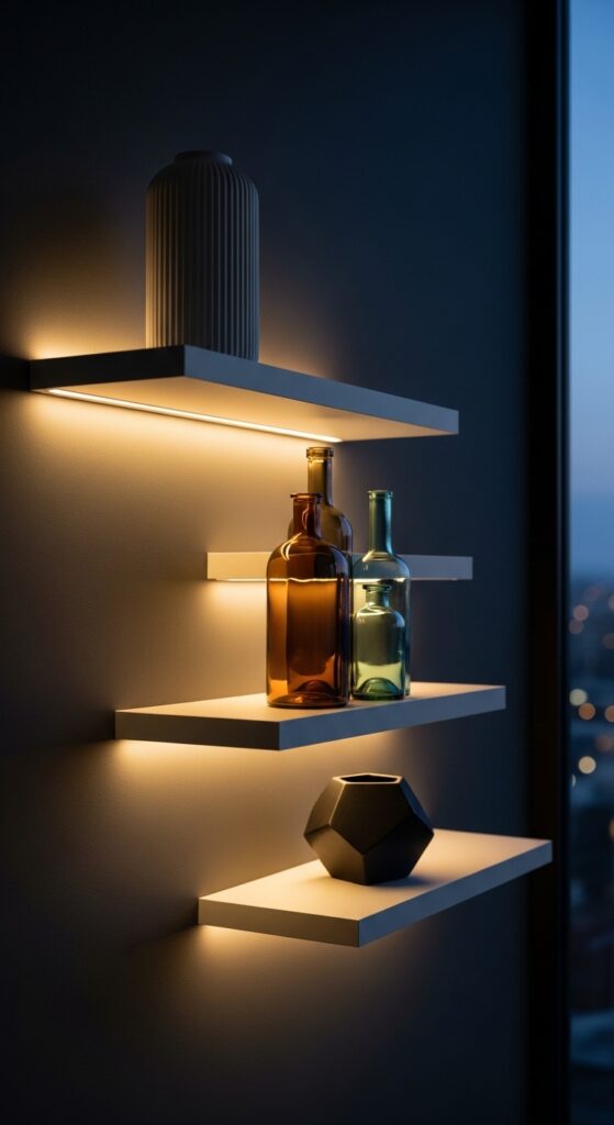 Floating Shelves With Underlit Objects