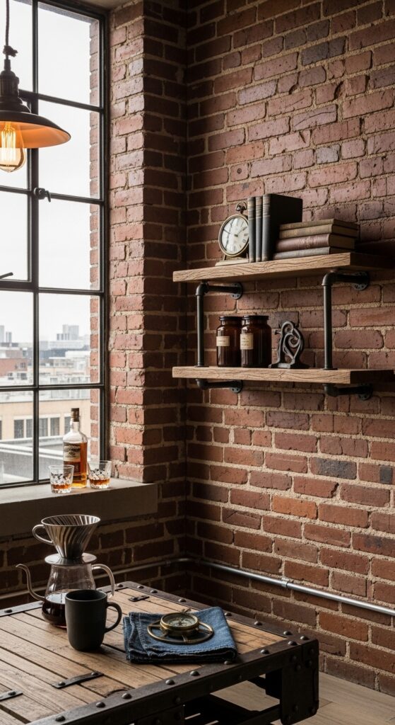 Industrial Pipe-Bracket Floating Shelves in a Loft Dining Area