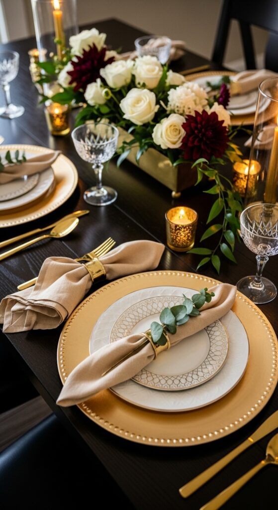 Layered Metallic Table Setting with Charger Plates