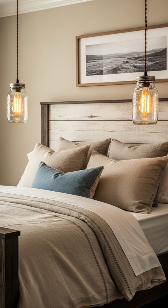 Mason Jar Pendant Lights Flanking the Bed