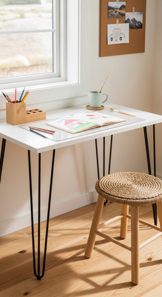 Scandinavian-Style White Desk with Hairpin Legs